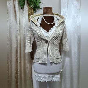 ♡ Y2K ♡ Hollister Cream Cableknit Hooded Cropped Babydoll Sweater
